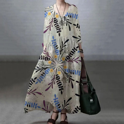 Casual Japanese Art Leaves Print V-Neck Midi Dress