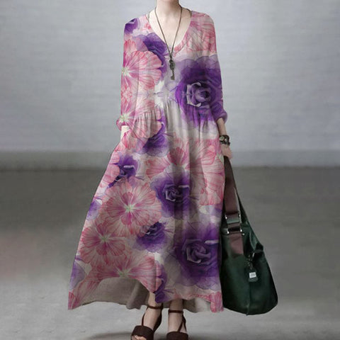 Elegant Floral Art Printed V-Neck Midi Dress