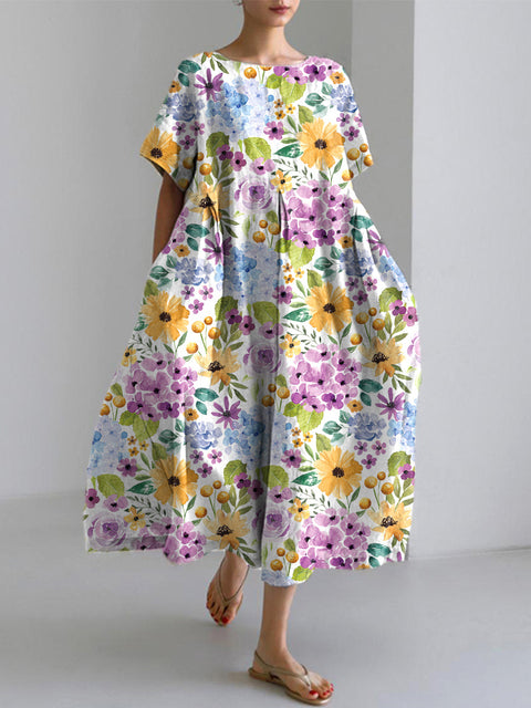 Watercolor Flower Print Cotton Linen Dress