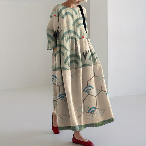 Women Japanese Art Wifi Waves Linen Blend Maxi Dress