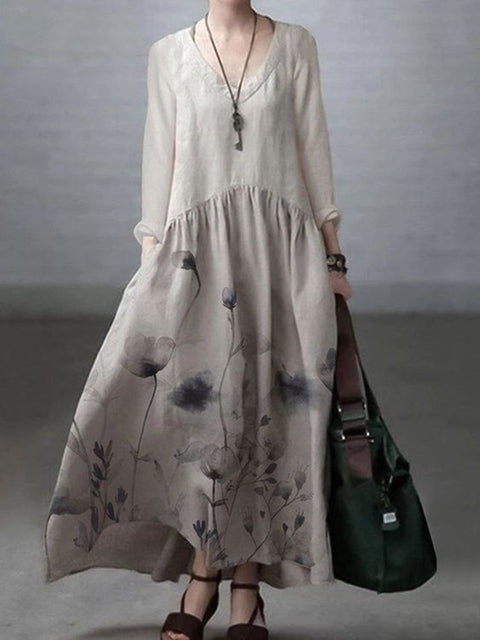 Japanese Art Floral Printed Long Sleeve V-neck Midi Dress