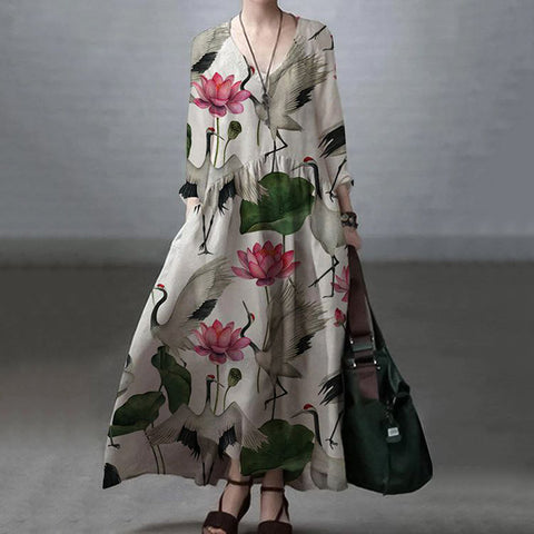Japanese Floral Art Vintage Long Sleeve V-neck Midi Dress