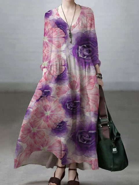 Elegant Floral Art Printed V-Neck Midi Dress