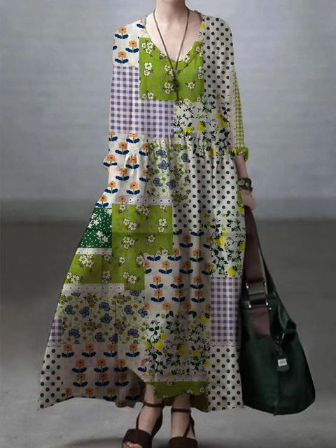 Japanese Art Elegant Floral Patchwork Print V-Neck Midi Dress