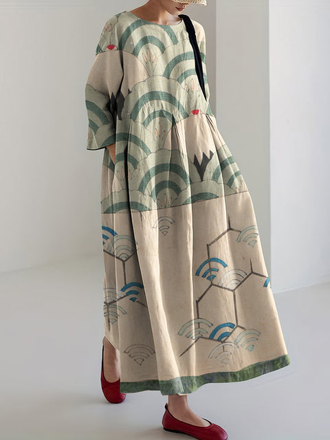 Women Japanese Art Wifi Waves Linen Blend Maxi Dress