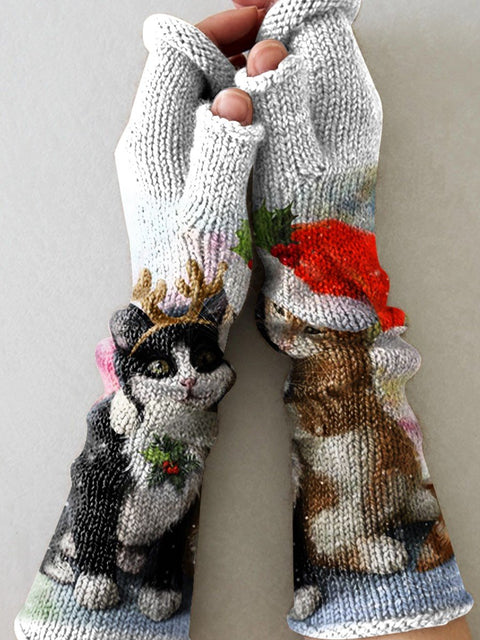 Knit Cute Christmas Hat Antlers Cat Hug Snow Printing Fingerless Gloves
