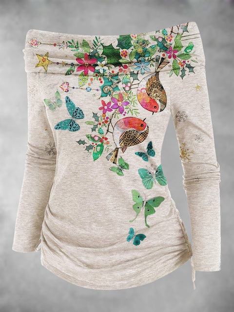 Women's Fox Bird Plant Flower Fall Art Print Off Shoulder Foldover Cinched T-shirt