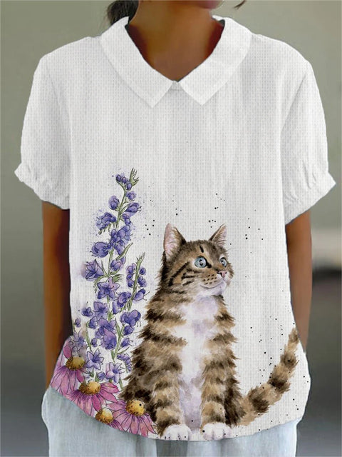 Women's Funny Cat Flower Print Casual Cotton And Linen Shirt