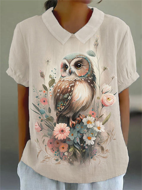 Women's Owl Flower Print Casual Cotton And Linen Shirt