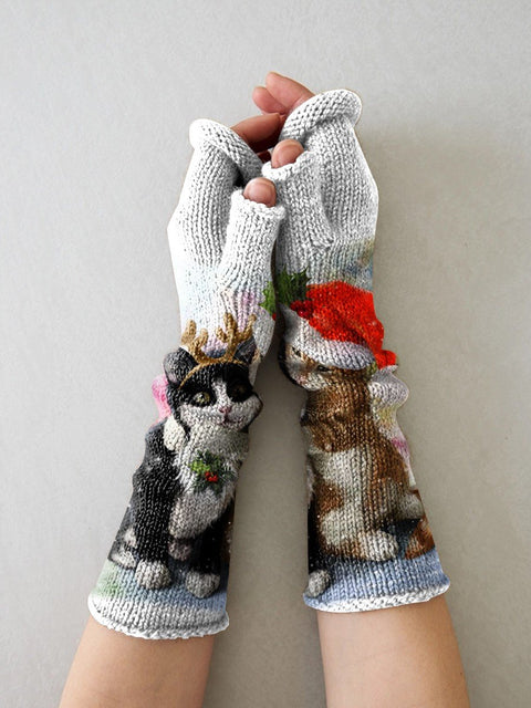 Knit Cute Christmas Hat Antlers Cat Hug Snow Printing Fingerless Gloves