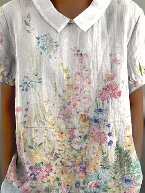 Women's Vintage Botanical Floral Art Print Casual Cotton And Linen Shirt
