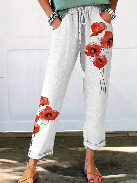 Women's Floral Printed Cotton And Linen Casual Pants