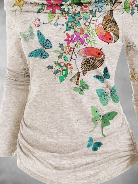 Women's Fox Bird Plant Flower Fall Art Print Off Shoulder Foldover Cinched T-shirt