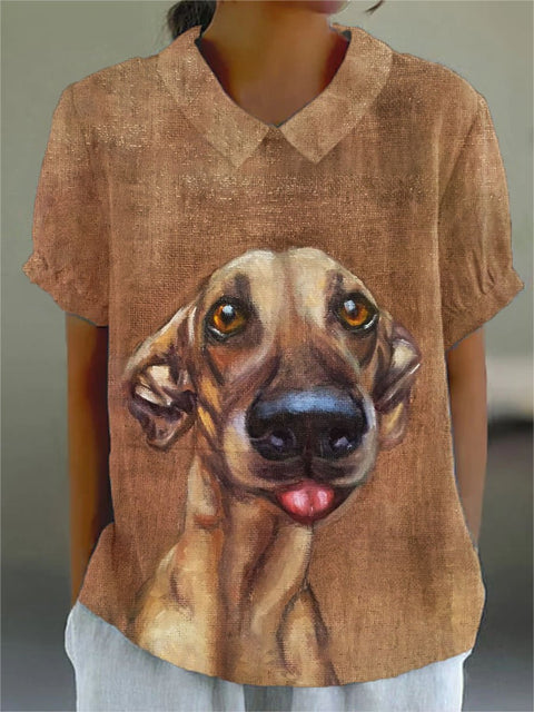 Women's Funny Dog Print Casual Cotton And Linen Shirt