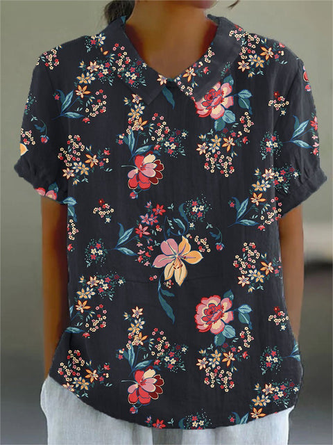 Women's Flowers And Plant Pattern Print Casual Cotton And Linen Shirt