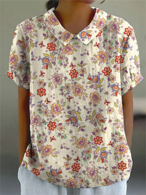 Women's Retro Floral Art Print Casual Cotton And Linen Shirt