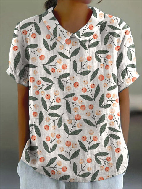 Summer Fruit And Bough Repeat Pattern Printed Women's Casual Cotton And Linen Shirt