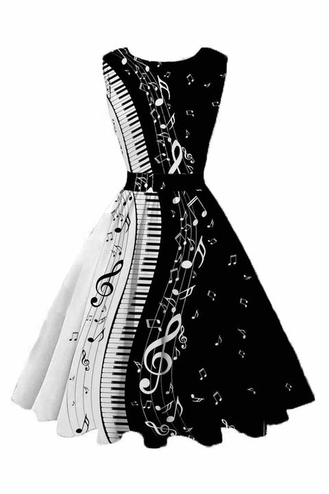 Vintage Ruched Note Print Dress Midi Dress