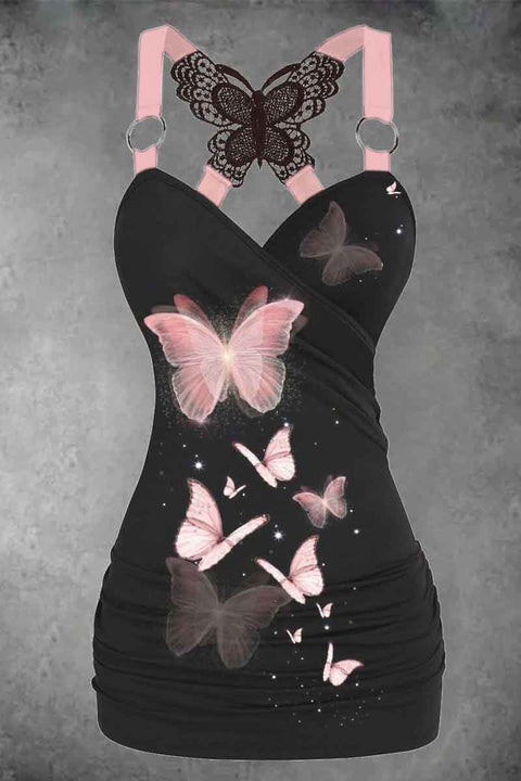 Women'S Pink Butterfly Casual Bottoming Shirt Two-Piece Set
