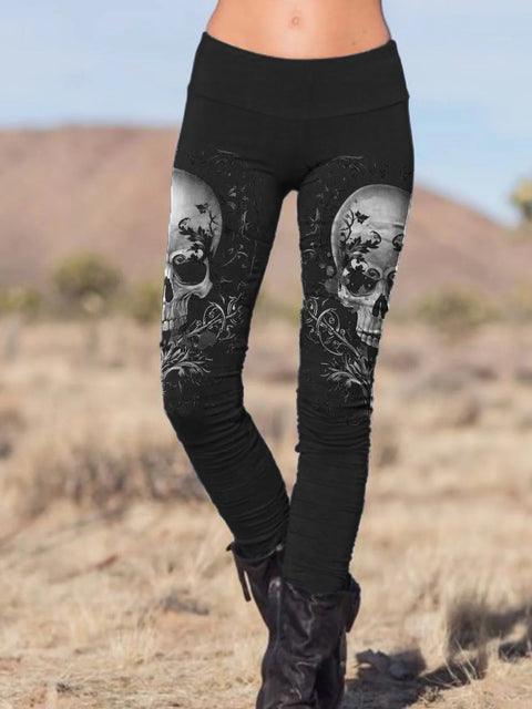 Skull floral punk print casual stretch pants