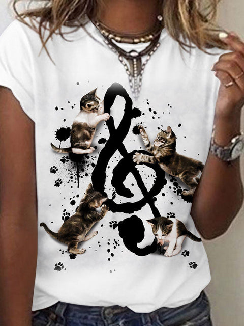 Women's Summer Note Cat Art Casual T-shirt