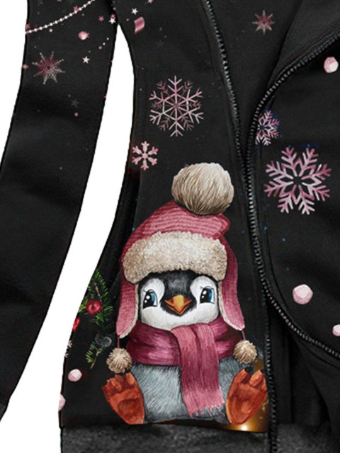 Women's Winter Snowflake Penguin Casual Sweatjacken
