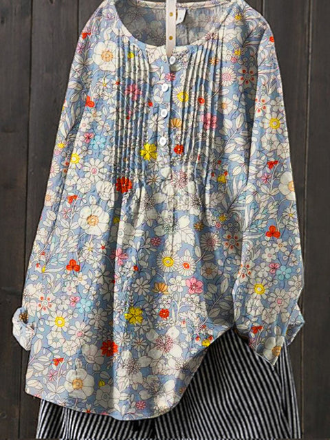 Women's  Retro Flower Art Print Casual Cotton And Linen Shirt