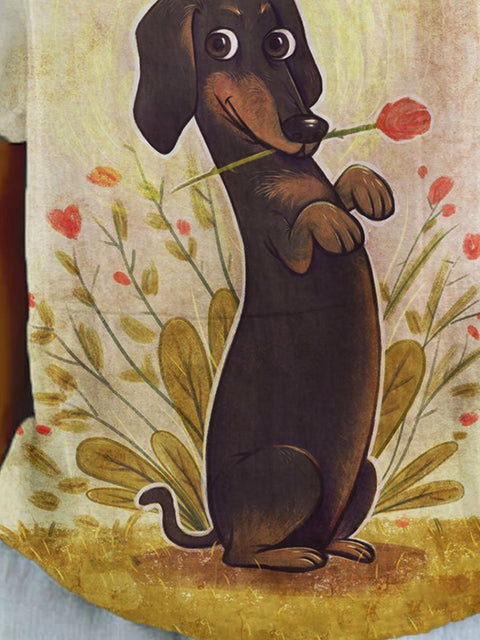 Women's Funny Dog Dachshund Flower Print Casual Cotton And Linen Shirt