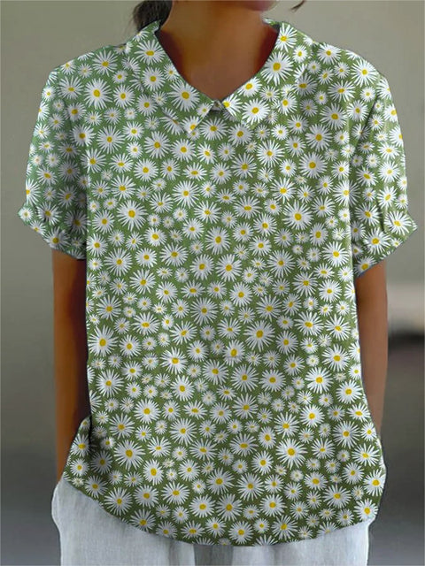 Women's Lovely Daisy Art Print Casual Cotton And Linen Shirt