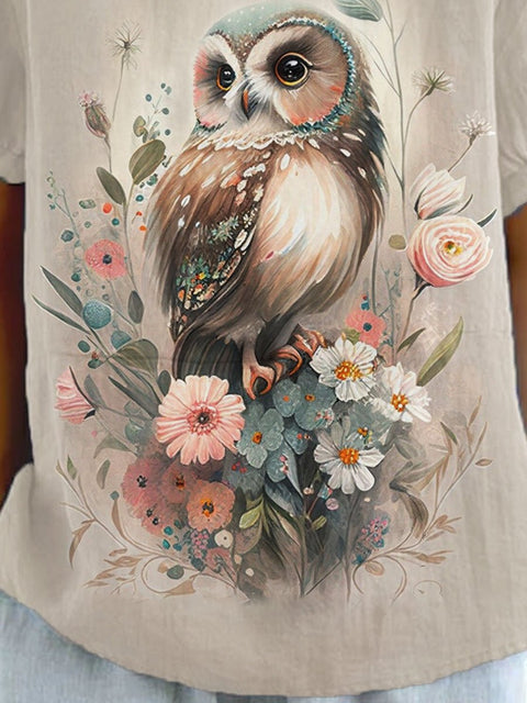 Women's Owl Flower Print Casual Cotton And Linen Shirt
