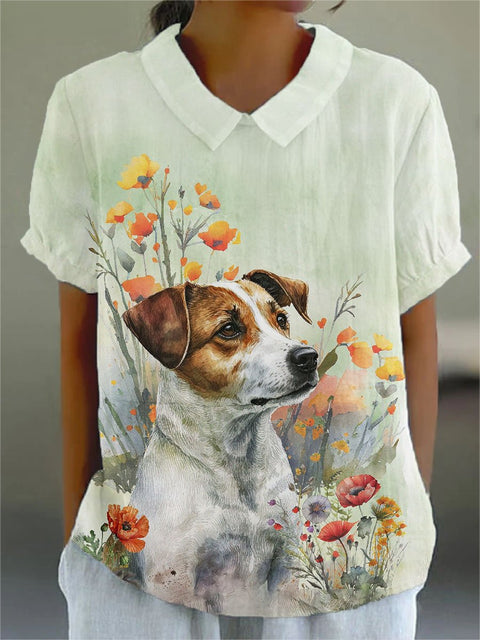 Women's Funny Dog Flower Print Casual Cotton And Linen Shirt