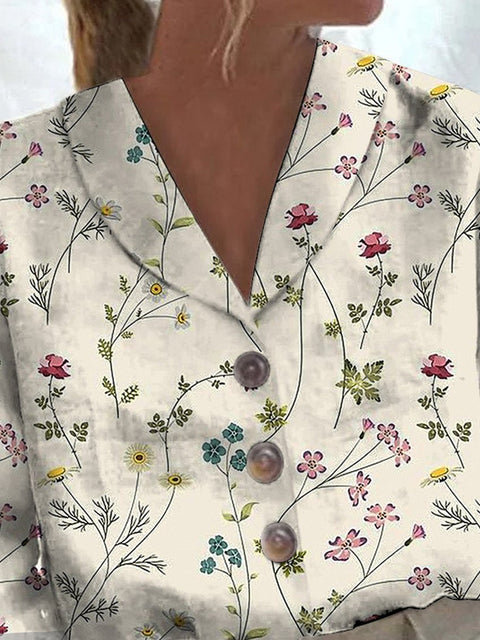 Elegant Spring Field Pattern Printed Women's Cotton Casual Blouse