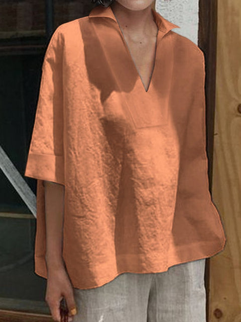 Women's V-neck Cotton And Linen Solid Colour Loose Mid-Sleeve Shirt