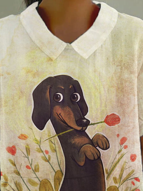 Women's Funny Dog Dachshund Flower Print Casual Cotton And Linen Shirt
