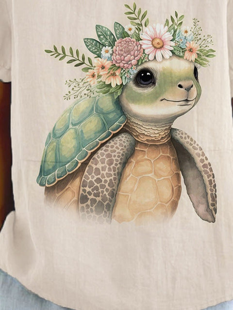 Women's Funny Turtle And Flower Print Casual Cotton And Linen Shirt