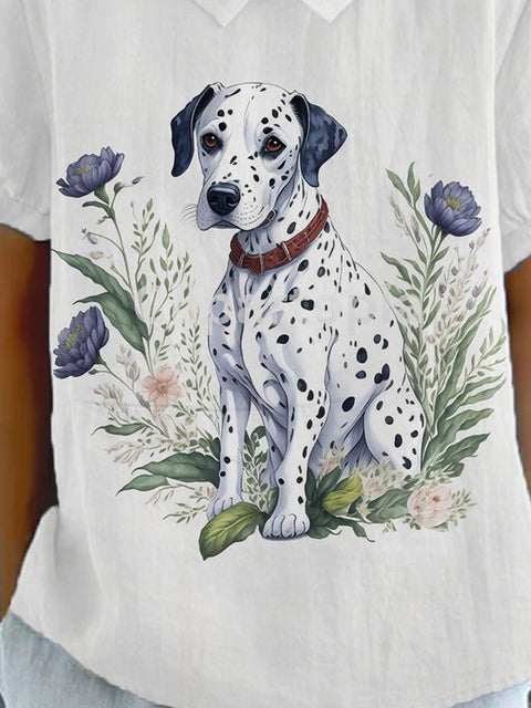 Women's Funny Dog Flower Print Casual Cotton And Linen Shirt