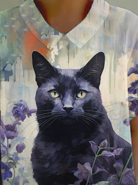 Women's Black Cat Flower Print Casual Cotton And Linen Shirt